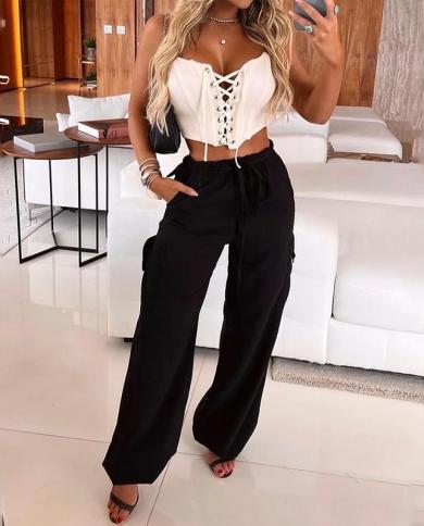 Wefads Women Two Piece Set Summer  Drawstring Solid Sleeveless Backless Strapless Top Loose With Pocket Pants Set Street