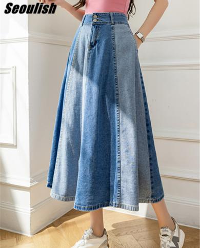 Seoulish 2022 New Colorblock Womens Denim Long Skirts Classic High Wasit Umbrella Jeans Skirts Female Straight A Line S