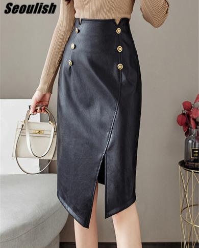 Seoulish Irregular Faux Pu Leather Womens Wrap Skirts 2022 New Autumn Winter High Waist Straight Office Pencil Skirts F