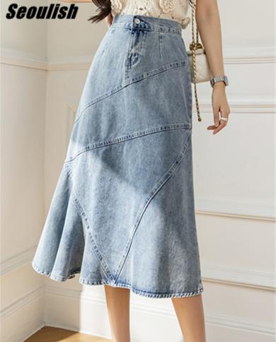 Seoulish 2022 New Patchwork Womens Denim Skirts High Wasit Mermaid Jeans Skirts Female Chic Loose Aline Fishtail Midi S