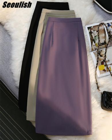 Seoulish High Waist Elegant Womens Midi Skirts 2022 New Female Minimalism Back Split Chic A Line Straight Wrap Skirts S