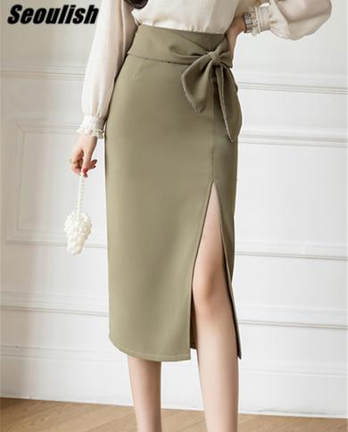 Seoulish 2022 New Office Womens  Wrap Skirts Bow Spring Summer High Waist Solid Sheath Pencil Side Split Midi Skirts Fe