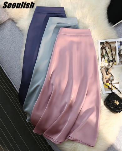 Seoulish High Waist Stain Elegant Umbrella Womens Long Skirts Solid Female Minimalism A Line Skirts 2022 New Spring Sum