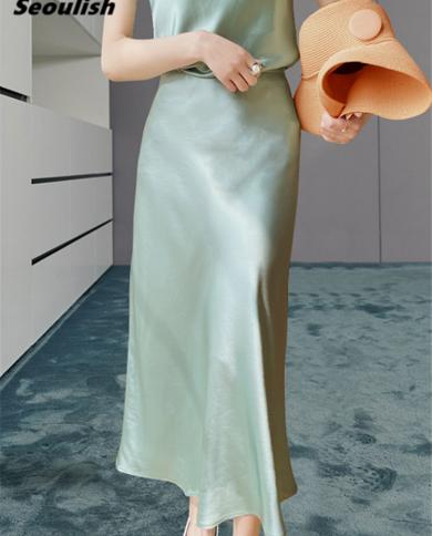 Seoulish Summer 2022 New Stain Womens Long Skirts Solid High Waist Female Minimalism Elegant Aline Party Office Skirts 