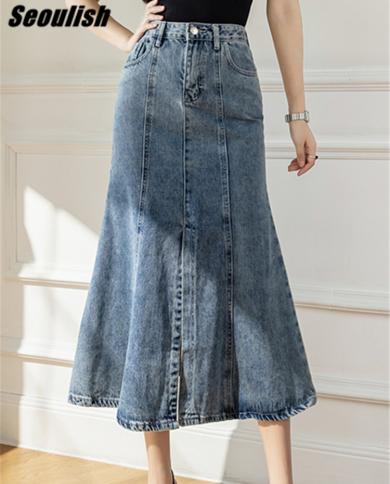 Seoulish 2022 New Front Split Womens Denim Long Skirts High Wasit Blue Mermaid Jeans Skirts Female Chic Aline Fishtail 