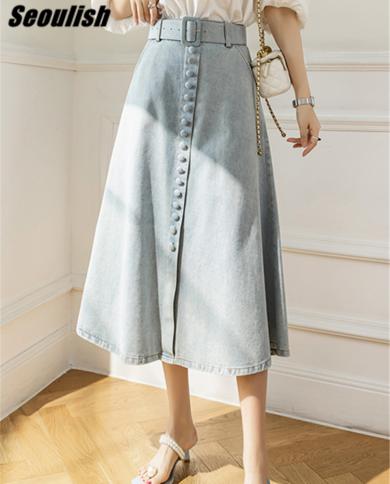 Seoulish 2023 New Single Breasted Womens Denim Skirts With Belted Summer High Wasit Jeans Skirt Female Aline Umbrella S
