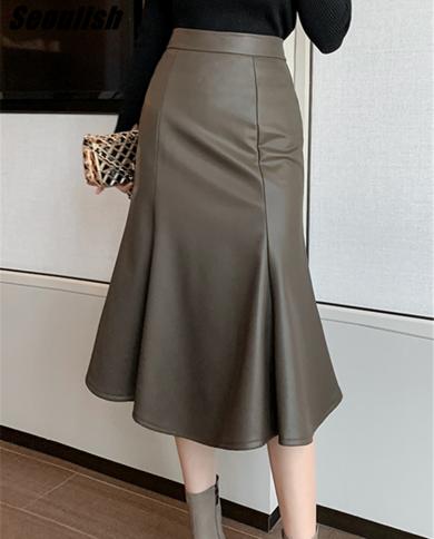 Seoulish Autumn Winter Pu Leather Womens Mermaid Skirts 2022 New High Wasit Skirt Female Black Irregular Wrap Fishtail 