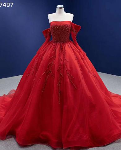 Serene Hill Red  Off Shoulder Pearls Luxury Beaded Ball Gown Bride Gowns Wedding Dress 2022 High End Custom Made Hm67497