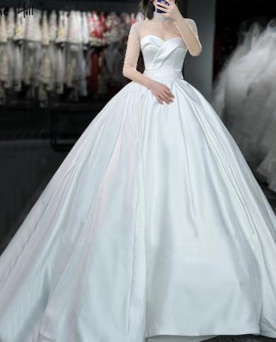 Serene Hill Satin White Long Sleeves Wedding Dresses  Highend Beading Pearls  Bridal Gowns Ha2422 Custom Made  Wedding D