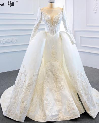 White Satin Mermaid Highend Wedding Dresses  Oneck Beading Long Sleeves Gowns Hm67177 Custom Made  Wedding Dresses