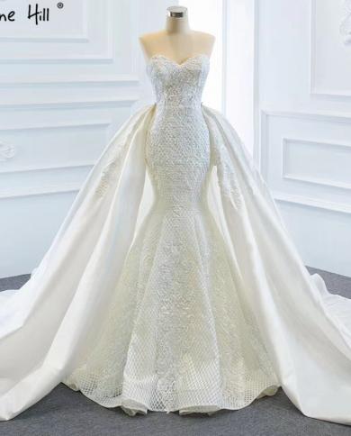 שמלת כלה לבנה בתולת ים וינטג ללא שרוולים גבוהה שמלת כלה שלווה היל hm66660 חתונה בהתאמה אישית
