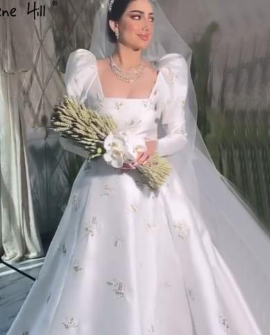 Serene Hill מוסלמי שנהב שמלות כלה סאטן 2022 שרוולים נפוחים חרוזים שמלות כלה ha2498 שמלת כלה בהזמנה אישית