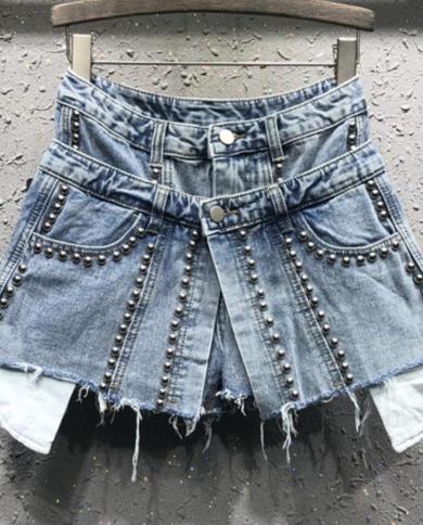 2022 Spring And Summer New Personality Fake Two Pieces Jeans Shorts Women Beaded High Waist Denim Short Skirt  Shorts