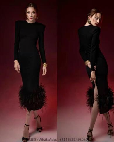 Black Spandex Evening Dresses With Feathers Sheath Tea Length Prom Dress Robe De Soirée For Women