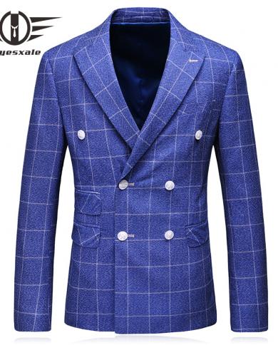 Plyesxale Mens Double Breasted Blazer Jacket Mens Blue Plaid Blazer Terno Masculino Slim Fit Brand Casual Men Clothing 