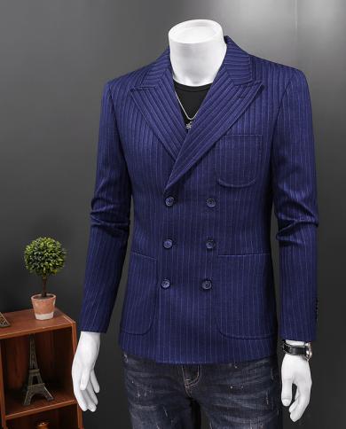 England Style Dark Blue Stripe Blazer Man Stylish Blazers For Men Double Breasted Blazer Hombre Terno Masculino Slim Fit
