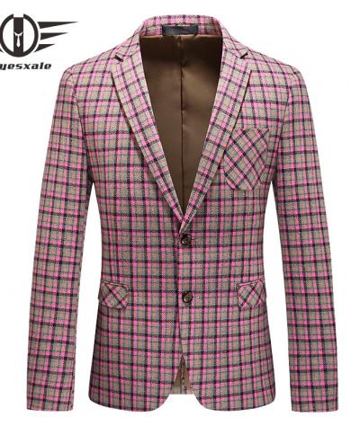 بليزكسيل الخريف الوردي منقوشة السترة عالية الجودة عارضة السترة للرجال أنيق الرجال الأزياء تحقق بليزر البدلة سترة Q9