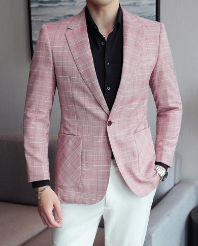 Plyesxale 2022 Spring Autumn Mens Casual Blazer Jacket Slim Fit Blazer Homme Fashion Brand Clothing Khaki White Pink Blu