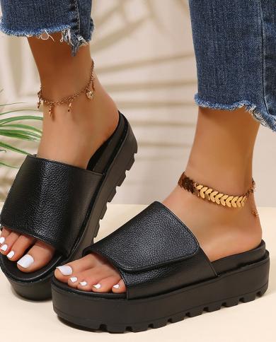 Black Pu Leather Platform Slippers Womens Sandals Plus Size 43 Thick Soled Shoes Woman 2022 Summer Non Slip Beach Slide