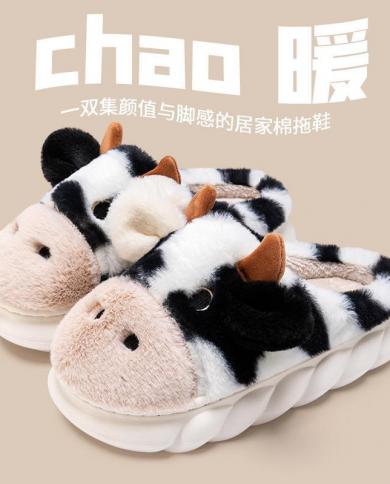2022 New Cute Cow Cotton Slippers Womens Winter Home Cotton Shoes Nonslip Warm Thick Bottom Baotou Plush Slippers Women