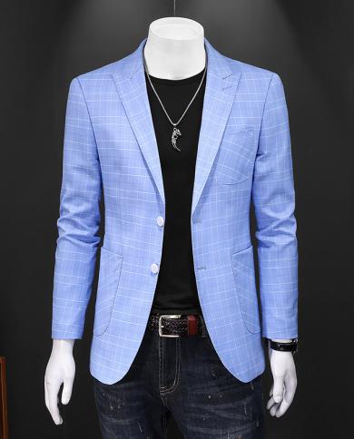 Blazer scozzesi azzurri per uomo Slim Fit Costume Homme Mariage Giacche Uomo Suit Uomo Casual Blazer formale Uomo Q208blazer