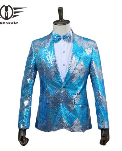 Plyesxale Shiny Blazer For Men  Gradient Blue Green Sequin Blazer Jacket Brand Mens Wedding Prom Party Dj Stage Blazers 
