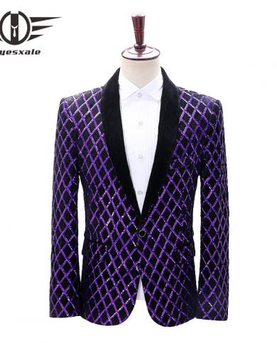 Marque violet losange Plaid Blazer pour hommes col châle Sequin Blazer Costume veste bal scène Costume hommes paillettes Blazers