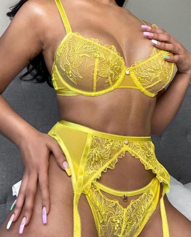 Lingerie  Underwear Yellow Fancy Intimate Suit Sensual See Through Bra And Panties With Garter Push Up Top Brief Transpa