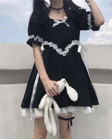 Lolita Dress Cute Patchwork Bow Black Slow Sleeve Dress Women Vintage Design Maid Kawaii Soft Girl Aline Mini Dress Dr