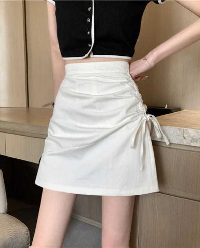 Saias femininas fashion verão 2023 franzido cor sólida uma linha cintura alta saia para meninas casuais mini saia feminina