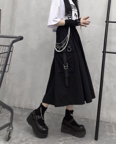 Gótico Saia Longa Preto Cadeia Bolso Cintura Alta Saia Midi Mulheres Verão Harajuku Punk Streetwear Mall Goth Hip Hop Skir