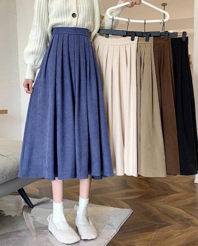 Fashion High Waist Pleated Skirt Women  Elegant College Style Midi Skirt Ladies Autumn Winter Thick A Line Skirts