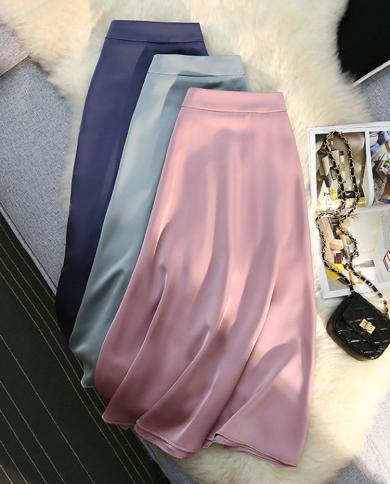 Midi Satin Skirts Womens 2023 Summer Elastic Band A Line Luxury High Quality  Fashion Solid Simple Silk Skirt