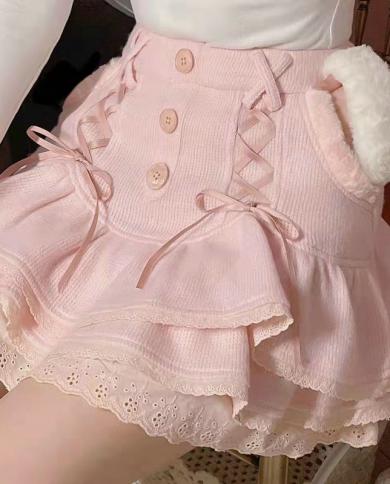  Kawaii Lolita Mini Skirt Women Winter Lace Casual Elegant Sweet Female Skirt High Waist Bandage  Y2k Skirt 2022  Skirts