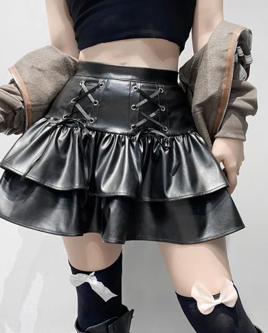 Mall Goth Punk Pu Skirt Women Dark Gothic Vintage Bandage High Waist Lolita Skirt Harajuku Streetwear Emo Alt Clubwear  