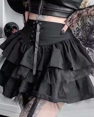 Goth Aesthetic Lace Up Mini Skirt For Women Dark Academia Mesh Patchwork A Line Skirt Punk Style Party Black Saias