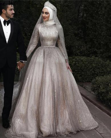 Muslim Sequined Sparkle Luxury Highend Wedding Dresses  Ivory Long Sleeve Vintage Bridal Gown Ha2214 Custom Made  Weddin