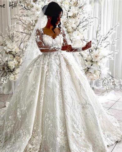 Ivory Long Sleeves Handmade Flowers Wedding Dresses  Dubai Oneck Vintage Princess Bridal Gowns Ha2263 Custom Made  Weddi