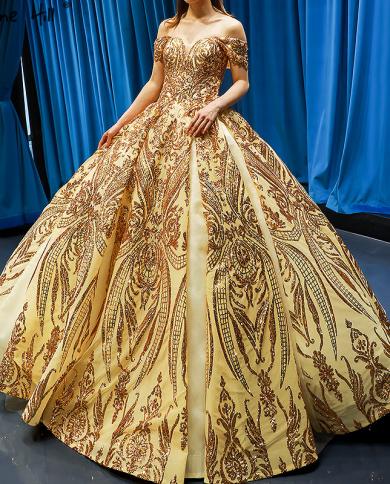Dubai Luxury Sleeveless Gold Princess Wedding Dress  Off Shoulder Sequine Highend  Bridal Gowns Hm66709  Wedding Dresses