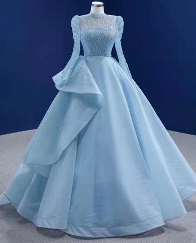 Serene Hill Muslim Blue Lace Up Wedding Dresses 2023 Beaded High End Bridal Dress Hm67392 Custom Madewedding Dresses