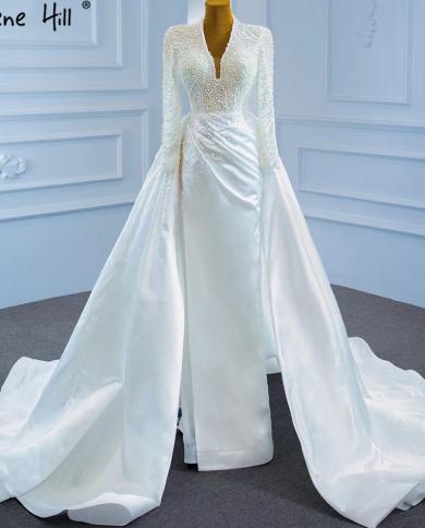 Serene Hill White Muslim With Train Wedding Dresses  Mermaid Elegant Pearls Luxury Bridal Dress Hm67251 Custom Made  Wed