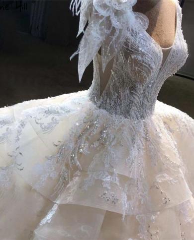 Champagne Sequined Handmade Flowers Wedding Dresses  Dubai Vneck Sleeveless Vintage Bridal Gowns Ha2262 Custom Made  Wed