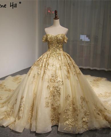 Dubai High End Short Sleeves Luxury Wedding Dress Vintage  Off Shoulder Gold Beading Sequined Wedding Bride Gown 2023wed