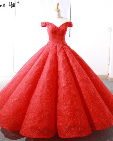 Dubai Designer Off Shoulder  Wedding Dress Highend Sleeveless Appliques Sequined Bride Gowns  Serene Hill Hm66530  Weddi