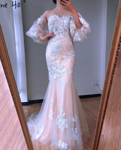 Dubai Nude White Mermaid  Wedding Dresses  Lantern Sleeve Flowers Beading Bridal Gowns La70417 Custom Made  Wedding Dres