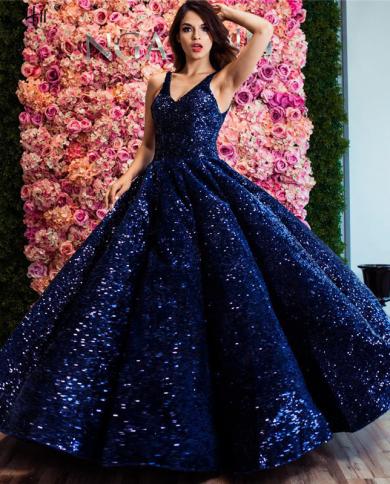 Blue Luxury Dubai Design Vneck Wedding Dresses  Sequin Sparkle Sleeveless Highend Wedding Gown Real Photo  Wedding Dress