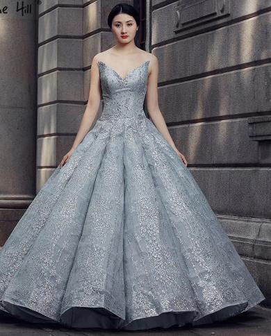 El más nuevo gris fuera del hombro vestido de novia moda rebordear lentejuelas nupcial Vintage vestido de novia foto Real 66570 