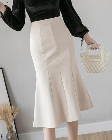Nuevas faldas Midi de cintura alta para mujer con volantes divididos en la espalda negro caqui Beige falda de oficina paquete de