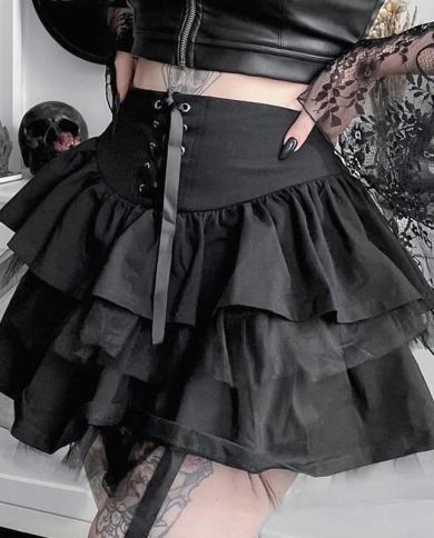 Falda gótica Punk negra oscura para mujer, falda de malla con cordones Harajuku Y2k, ropa de calle Vintage para centro comercial