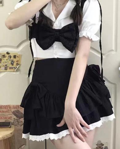 Minifalda Kawaii para mujer, traje de camisa blanca de retazos de encaje con lazo de verano 2023, falda negra de estilo pijo, lí